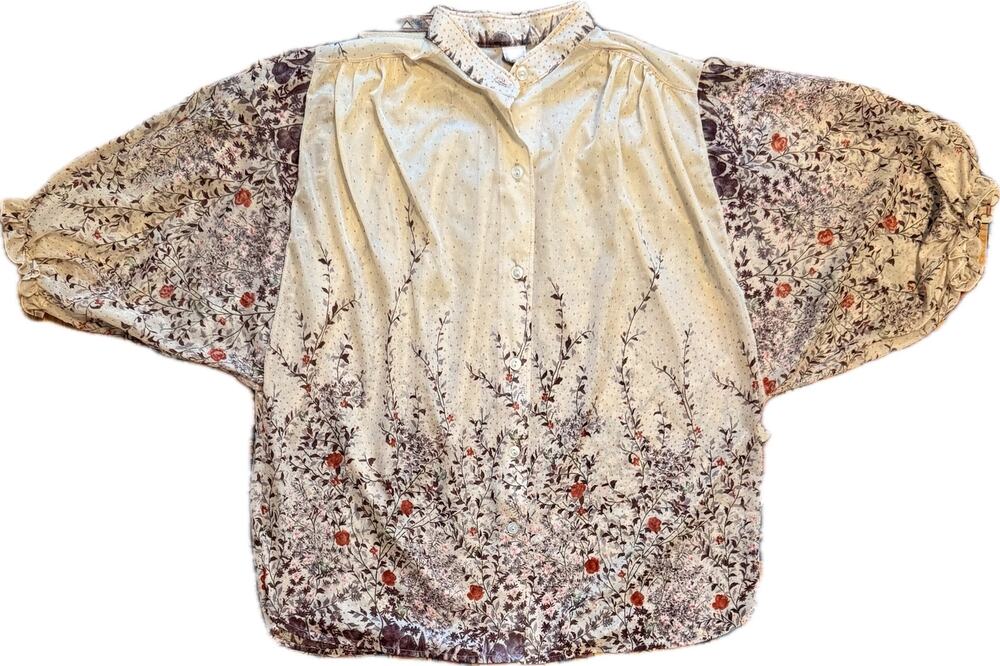 Vintage 80s Jackson Square Floral Border Blouse Balloon Sleeve Size M 21x26